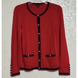 Talbots Womens Large P Red Navy Pearl Button Pockets Cardigan Sweater 5%Cashmere